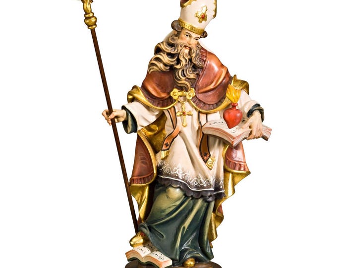 Statue of Saint Augustine with heart carved in Valgardena wood, hand-decorated, Italian artisan production, various decorations and sizes