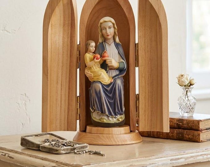 Statue of the Madonna of Mariazell with niche, carved in Valgardena wood and hand-decorated, made in Italy.
