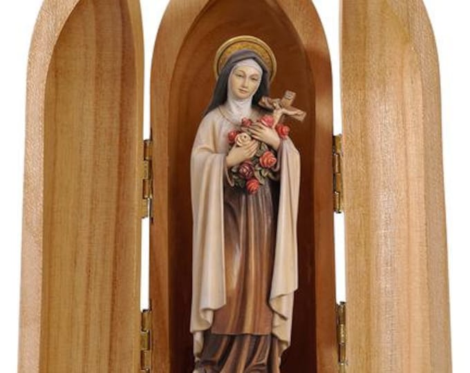 Statue of Saint Therese of Lisieux with niche, carved in Valgardena wood and hand-decorated, of Italian artisan production