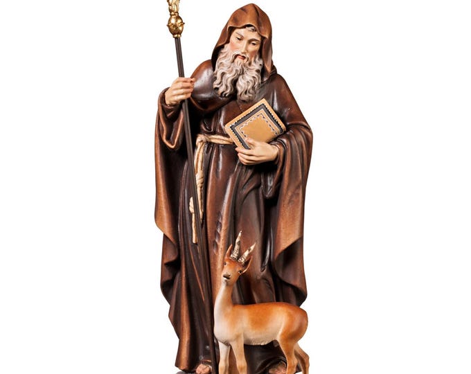 Statue of Saint Egidio Abate carved in Valgardena wood, hand-decorated, Italian artisan production, various sizes available