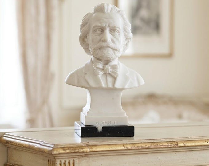 Bust sculpture of Giuseppe Verdi 14 cm (5.51 inches) in alabaster powder, marble base, handcrafted, made in Italy