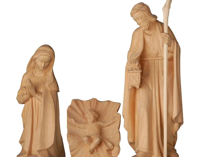 Nativity scene carved in Swiss pine wood from Val Gardena, 3 pieces, Italian artisan production, various sizes available