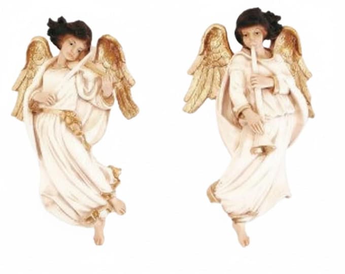 Pair of hanging angels 28 x 16 cm (11.02 x 6.29 inches) in hand-decorated resin, artisanal production