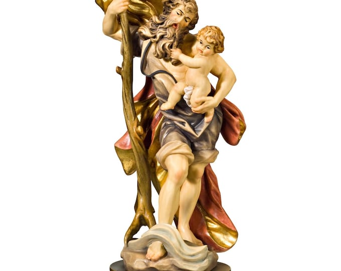 Statue of Saint Christopher carved from Valgardena wood, hand-decorated, Italian artisan production, various decorations and sizes