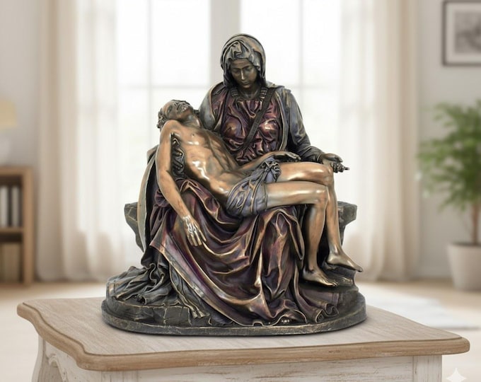 Classical sculpture Pietà by Michelangelo, in bronzed resin marble 26 cm (10.23 inches) handcrafted, made in Italy