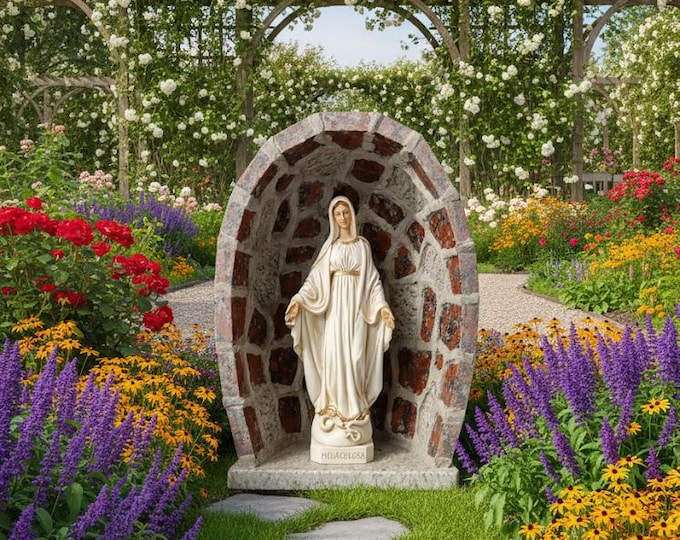 Handcrafted red granite statue cave with grey inserts 41.5 x 29.5 cm and 30 cm statue of the Miraculous Madonna in marble resin