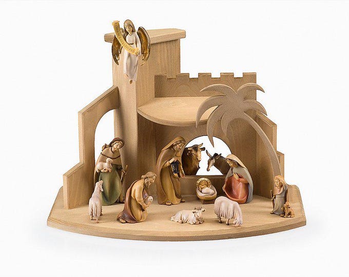 Complete nativity scene 12 pieces with hut, carved in Valgardena wood decorated by hand, 12 cm (4.7 inch), Italian artisan production