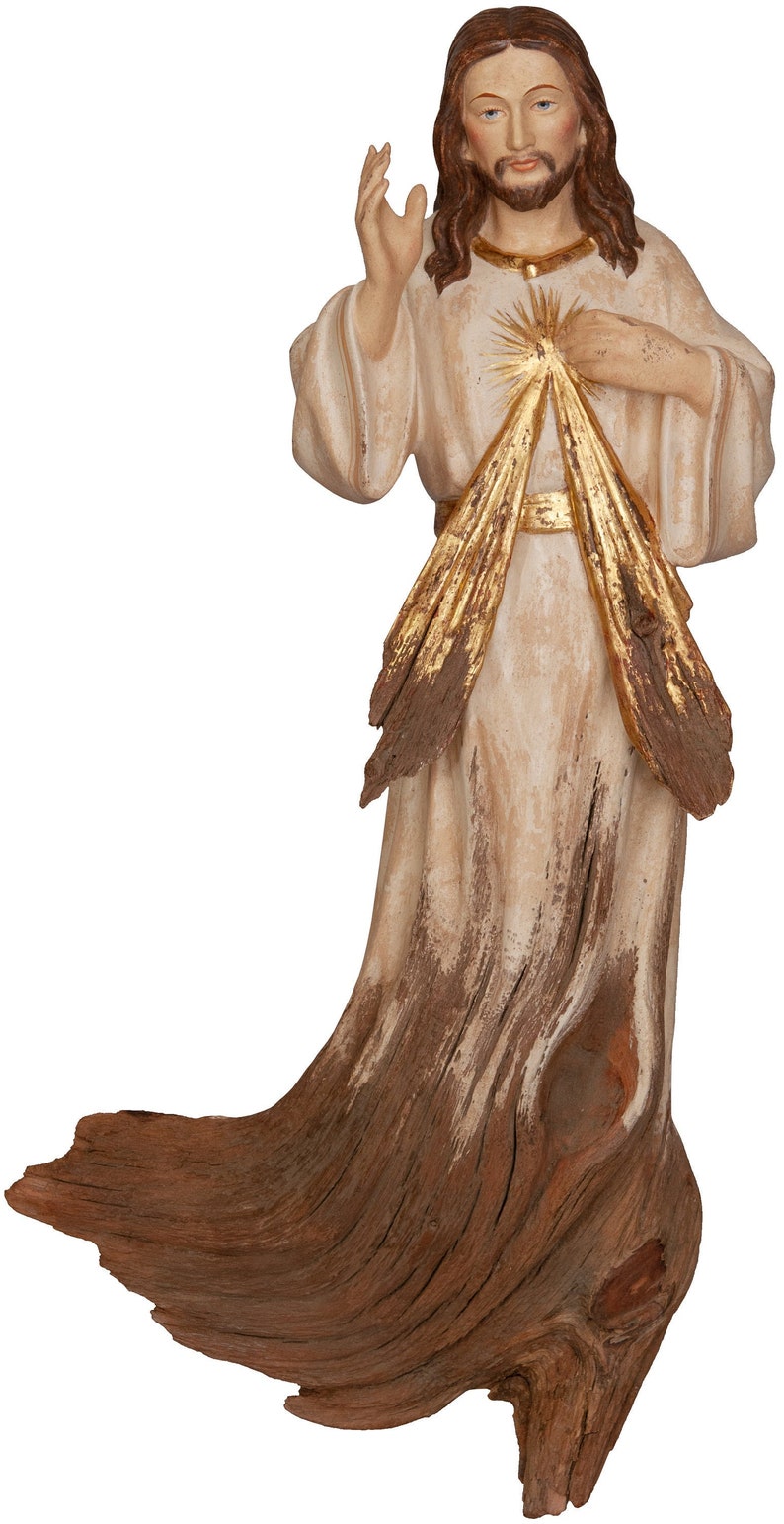 Statue sculpture of Merciful Jesus, carved in wooden root of Valgardena decorated by hand of Italian artisan production image 1