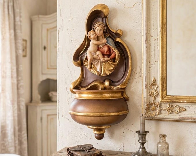 Holy water stoup with Madonna, carved in Valgardena wood, hand-decorated with oil colours and gold leaf, made in Italy