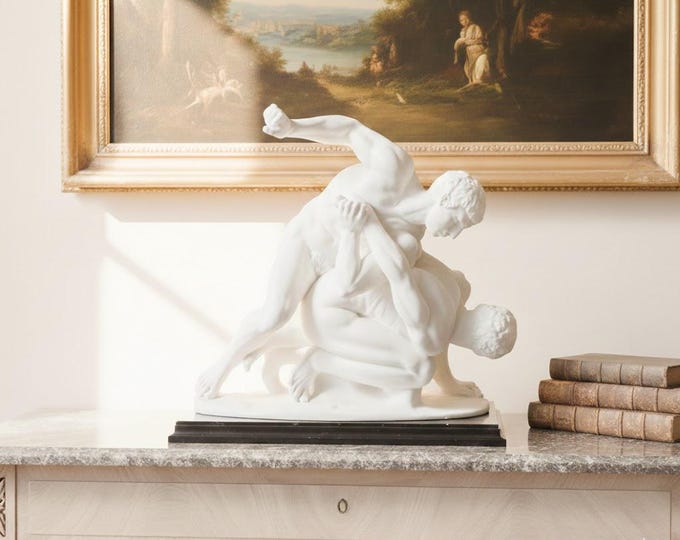 Classical sculpture "Wrestlers", in alabaster powder, wooden base, various sizes available, handcrafted in Italy