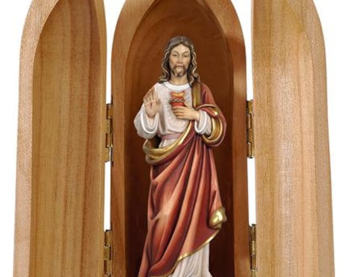 Statue of the Sacred Heart of Jesus with niche, carved in wood of Valgardena decorated by hand of Italian production