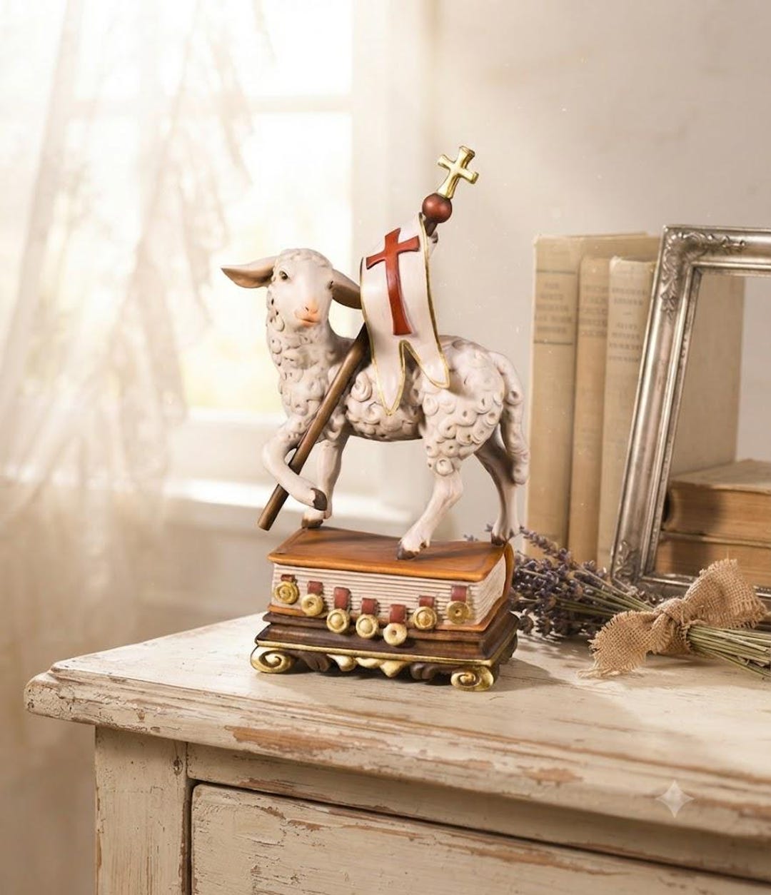 Easter Lamb Sculpture, Carved From Valgardena Wood and Hand