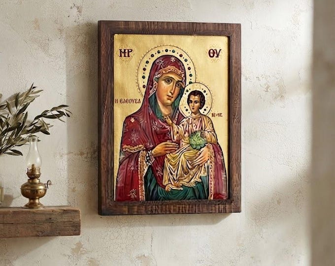 Greek icon of the Madonna with baby Jesus, silkscreened in wood, various sizes available, handcrafted