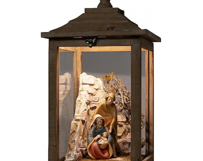 Nativity scene carved in Val Gardena wood and decorated by hand with LED light lantern, Italian artisan production