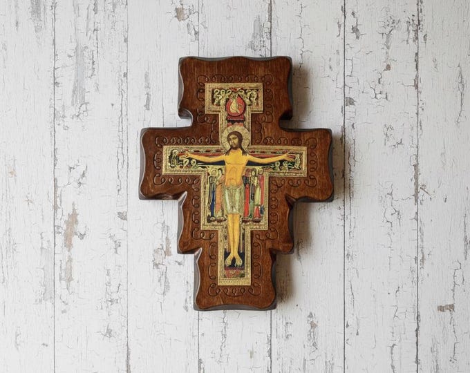 Crucifix cross of San Damiano, 22 x 17 cm (8.66 x 6.69 inches) in wood with relief image, handcrafted in Italy