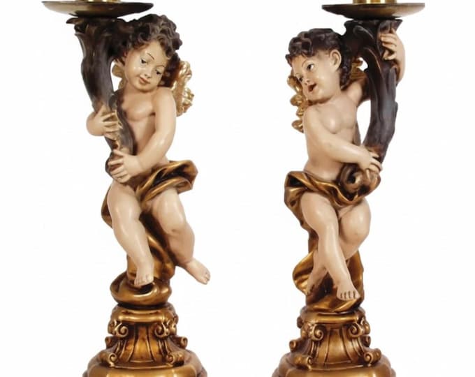 Pair of angel candle holders 39 x 12 cm (15.35 x 4.72 inches) in hand-decorated resin, artisanal production
