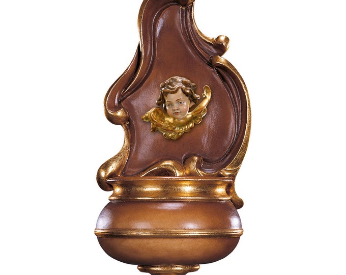 Holy water stoup with angel, carved in Valgardena wood decorated by hand with oil and gold leaf colors, of Italian production