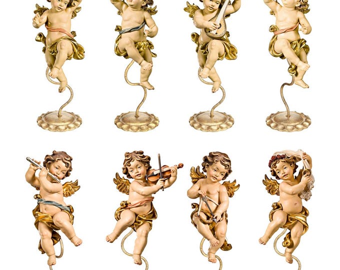 Set of 8 Angels, cherubs on pedestals, carved in Valgardena wood, various sizes and decorations, handcrafted in Italy