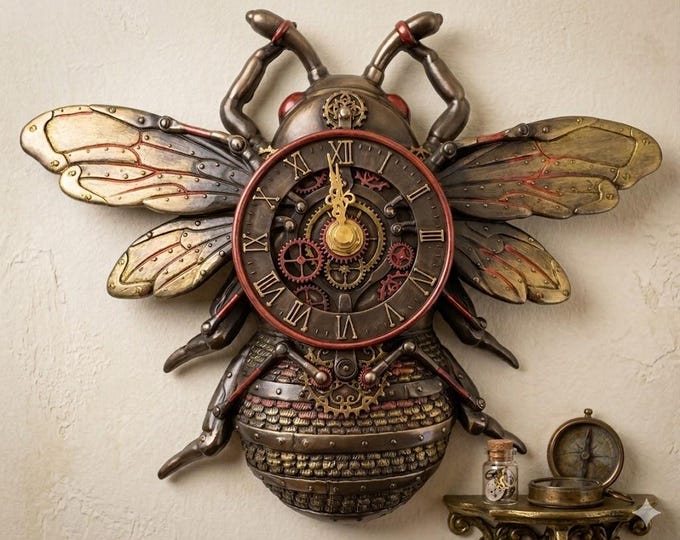 Steampunk style Bee wall clock sculpture, 20 cm (7.87 inches) in bronzed resin marble, handcrafted in Italy
