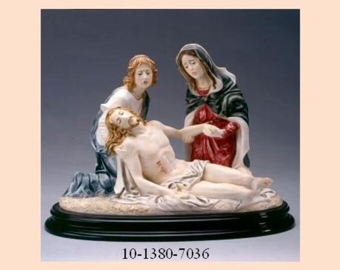 Deposition of Jesus statue cm 28 x 40 (11.02 x 15.74 inches) in alabaster powder, wooden base, hand decorated, made in Italy