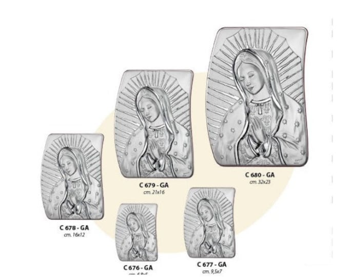 Wooden picture with silver plaque of the Madonna of Guadalupe, various sizes available, of Italian artisan production