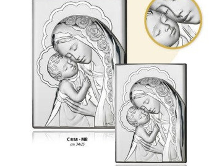 Wooden picture with silver plaque of the Madonna with baby Jesus, various sizes available, of Italian artisan production