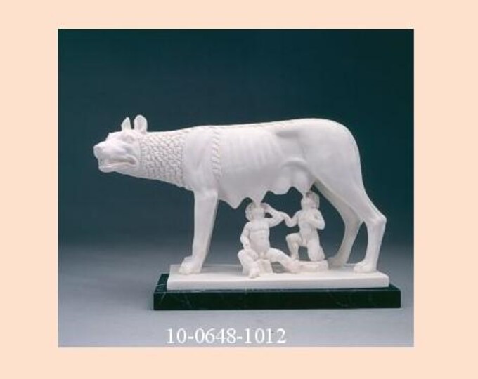 Classic sculpture " Capitoline Wolf ", in alabaster powder, marble base, made in Italy