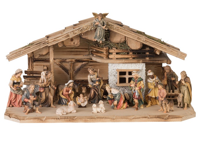 Alra nativity scene carved in Valgardena wood, 19 pieces with hut, various sizes available, Italian artisan production