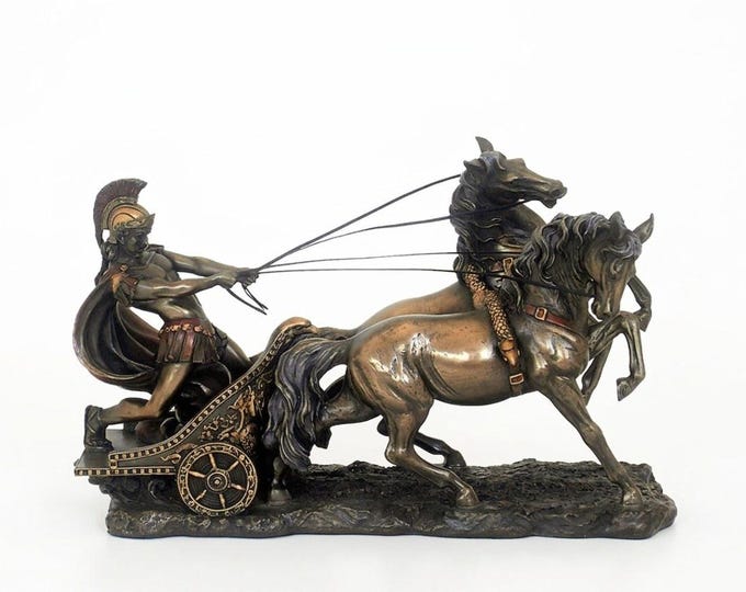 Classic sculpture of Ben Hur on a Roman chariot, 17 cm (6.69 inches) in bronzed resin marble, handcrafted, made in Italy