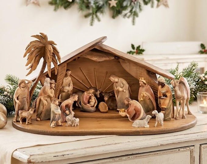 Nativity scene carved in Valgardena wood, 18 pieces with hut, various sizes available, Italian artisan production