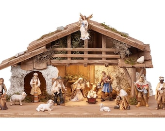 Complete nativity scene 17 pieces, hut with light, carved in wood from Valgardena decorated by hand, handcrafted production