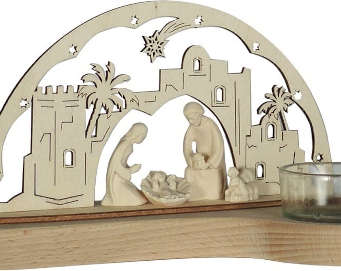 Nativity scene with tealight door carved in Valgardena wood and decorated by hand, various sizes, Italian artisan production