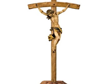 Baroque Crucifix on pedestal, carved in Valgardena wood and hand decorated, various sizes, handcrafted in Italy