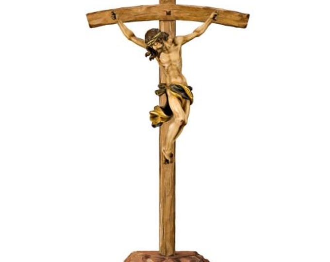 Baroque Crucifix on pedestal, carved in Valgardena wood and hand decorated, various sizes, handcrafted in Italy