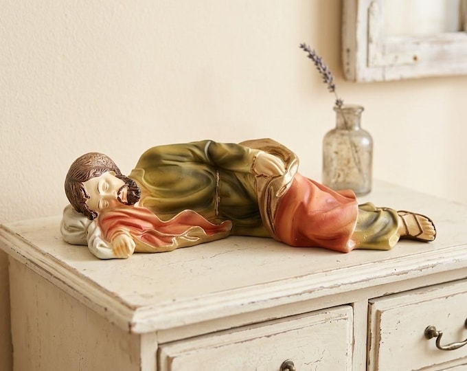 Statue of Pope Francis's Sleeping Saint Joseph in hand-decorated resin, artisanal production.