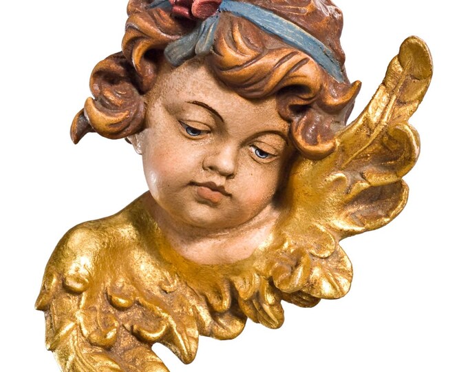 Angel sculpture, cherub with rose, carved in Valgardena wood and decorated by hand, Italian artisan production, various sizes