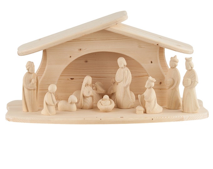 Modern Art nativity scene carved in natural wood of Valgardena, 12 pieces with hut, various sizes, Italian artisan production