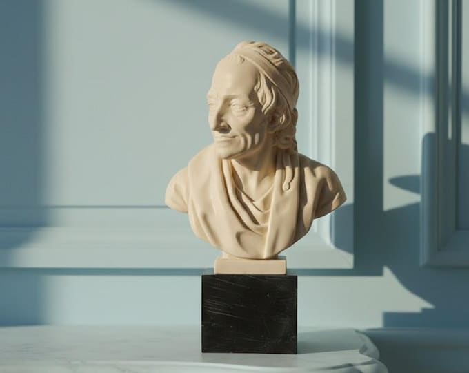 Voltaire bust sculpture, 14 cm (5.51 inches), in alabaster powder, marble base, handcrafted, made in Italy
