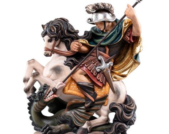 Statue of Saint George on horseback carved from Valgardena wood and hand-decorated, Italian artisan production, various sizes