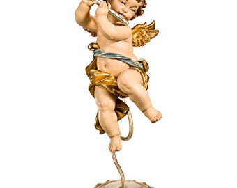 Angel sculpture, putto with flute on a pedestal, carved in Valgardena wood, hand-decorated, handcrafted in Italy