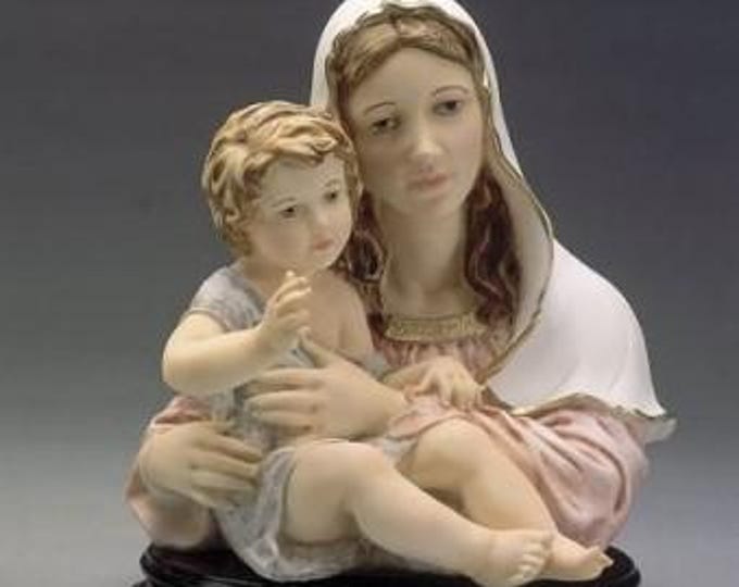 Madonna bust statue with baby Jesus cm 30 (11.81 inches) in alabaster powder, wooden base, hand decorated, made in Italy