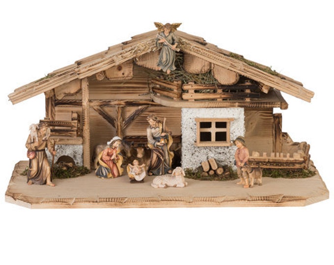 Nativity scene carved in Valgardena wood decorated by hand, 11 pieces with hut, various sizes available, Italian handicraft production