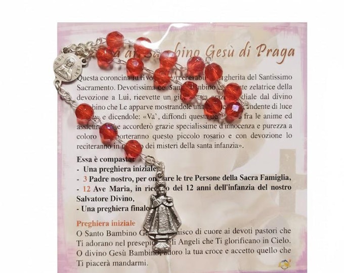 Rosary of the Infant Jesus of Prague, 16 cm (6.29 inches), half crystal beads with prayer and explanations, Italian artisan production