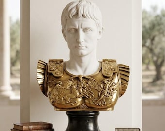 Classical sculpture "Bust of Caesar Augustus" in alabaster powder, marble base, cm 42 x 64 (16.53 x 25.19 inch) Made in Italy