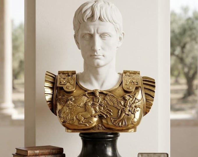 Classical sculpture "Bust of Caesar Augustus" in alabaster powder, marble base, cm 42 x 64 (16.53 x 25.19 inch) Made in Italy