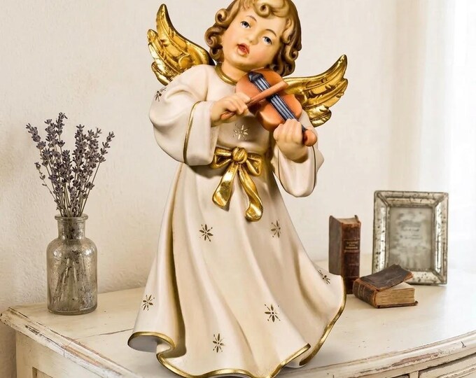 Angel Symphony sculpture, putto with violin, carved in Valgardena wood, various sizes, handcrafted in Italy