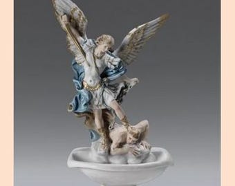 Holy water stoup with Saint Michael the Archangel, 38 cm (14.96 inches), made of alabaster powder, hand-decorated, made in Italy