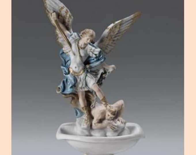 Holy water stoup with Saint Michael the Archangel cm 38 (14.96 inches) made of alabaster powder, hand decorated, made in Italy