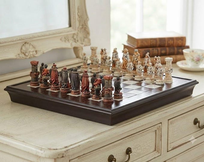 Chessboard composition with 10 cm (3.94 inches) Medieval series chessmen, carved in Valgardena wood, hand-decorated, artisanal