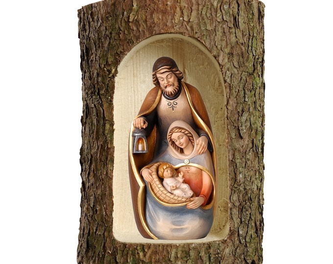 Nativity scene carved in Valgardena wood and decorated by hand, in tree trunk, Italian artisan production